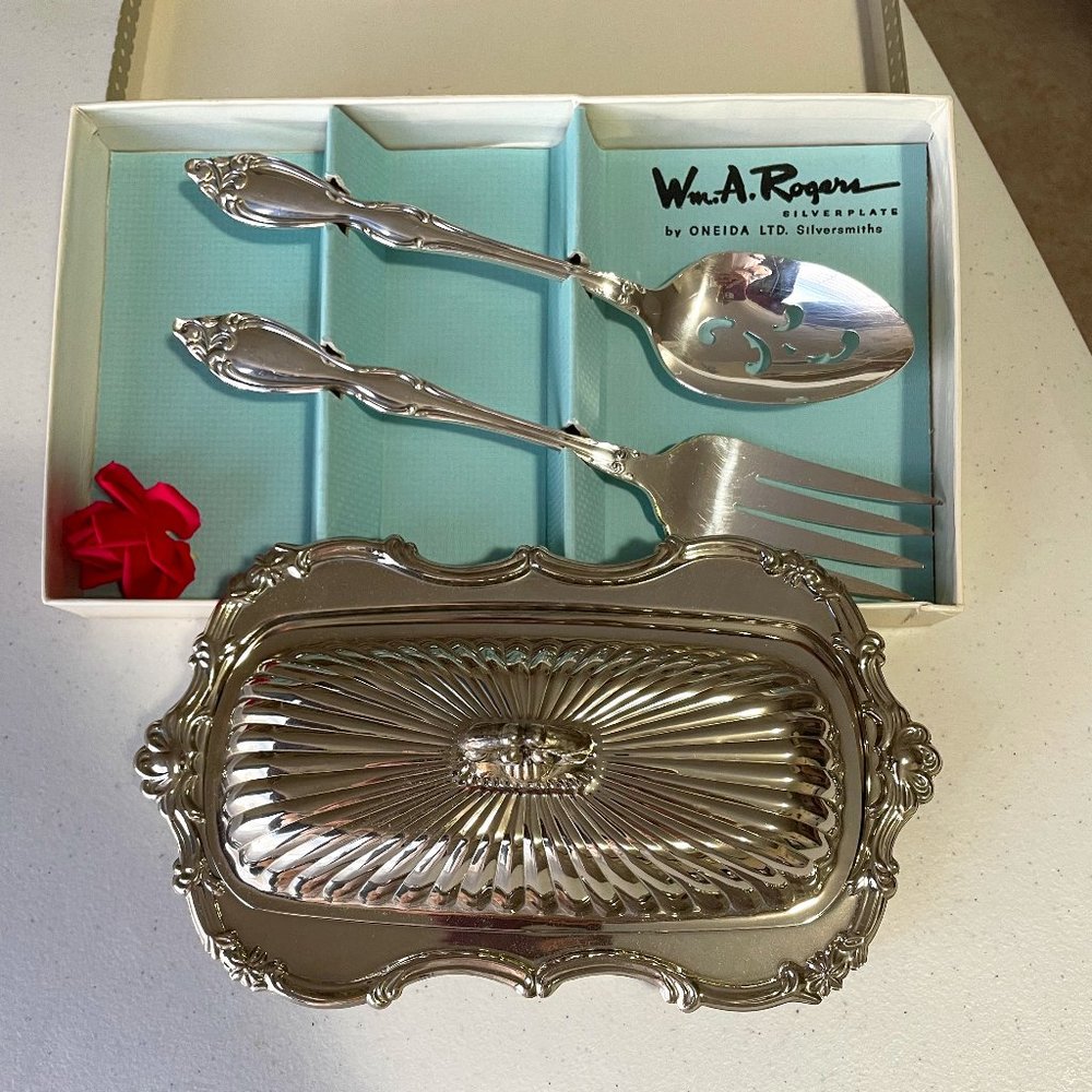 Leonard silver plated butter dish & Wm Rogers silver plated serving set